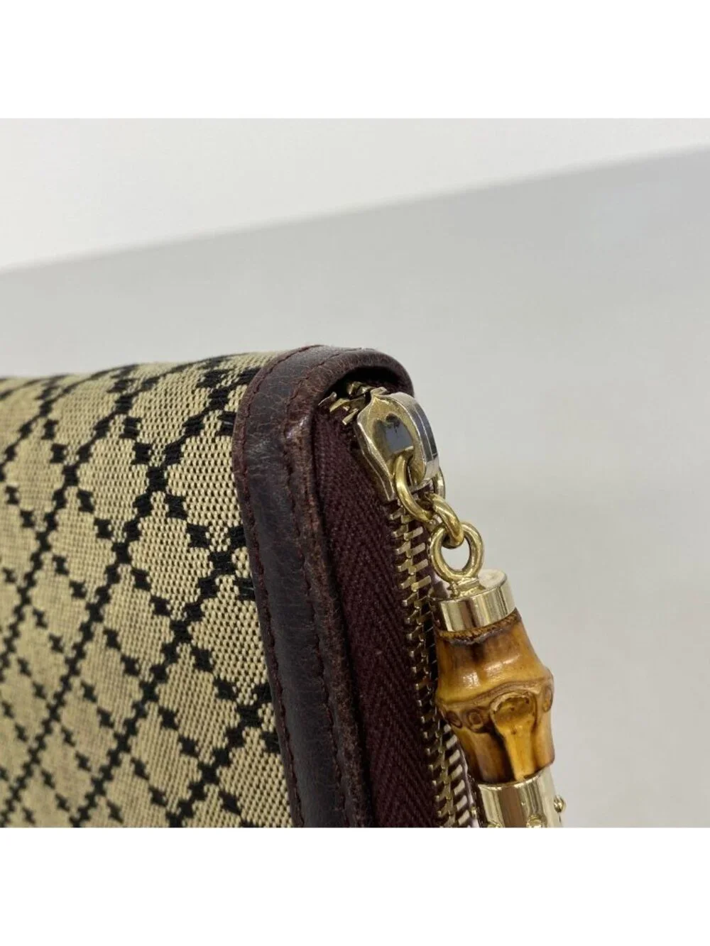 Gucci Wallet Bamboo Diamante Canvas Beige Bordeaux Champagne Gold - Picture 7 of 9